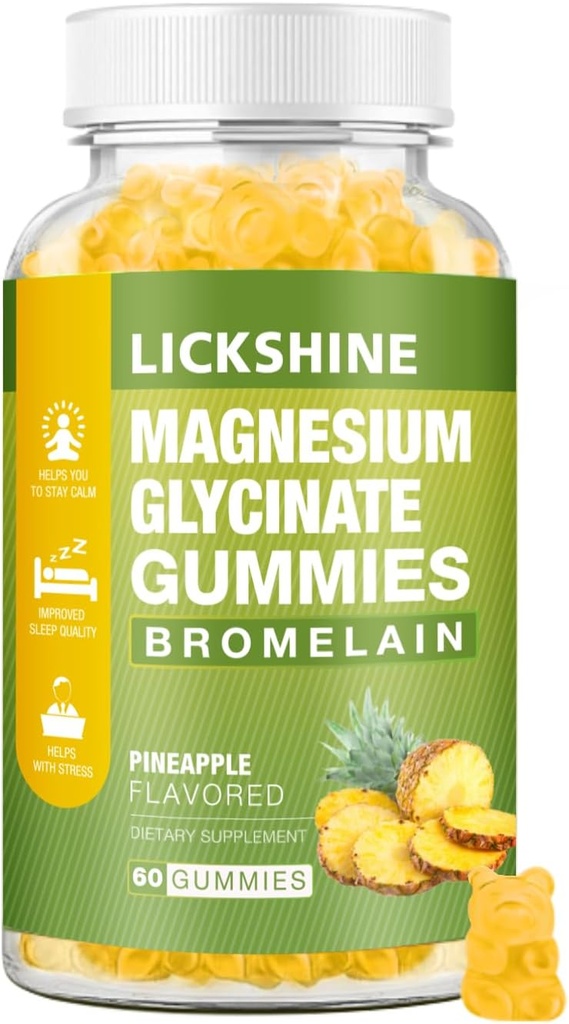 1 Opakowanie Magnezu Gummies Glucynian 1000mg, Wapń, Potas, Bromelaina, Witamina D, B6, Suplement CoQ10 do relaksacji, Spokojny nastrój, Stres Relief i Sen dla dorosłych i dzieci, 60 Counts
