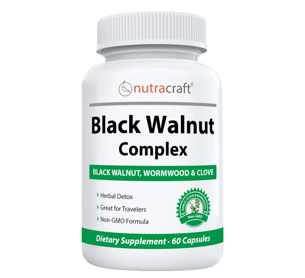 Nutractraft Black Walnut Detox Cleanse Supplement Equipment 124; Black Walnut, Wormwood, Clove, PAU D 'Arco, Pumpkin Seed, Czosnek, Cynk Equipment 124; Intestinal Guard for People Equipment 124; 60 Kapsułki