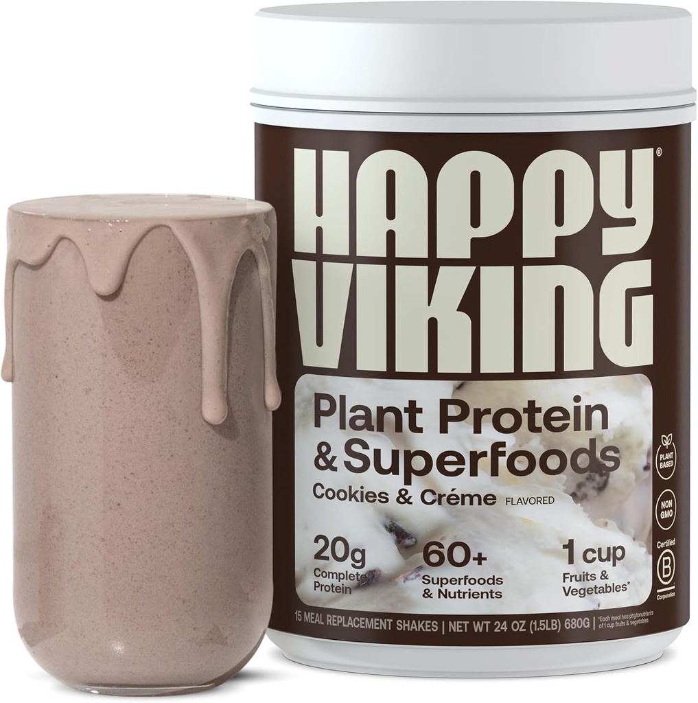 Szczęśliwe Viking Cookies and Cream Plant Protein Powder, Stworzony przez Venus Williams, 20G Protein, Niski Carb, Keto, Wegan, Gluten- Free, Non-GMO, Superfoods, Kompletna wymiana posiłków, 1 Pudełko