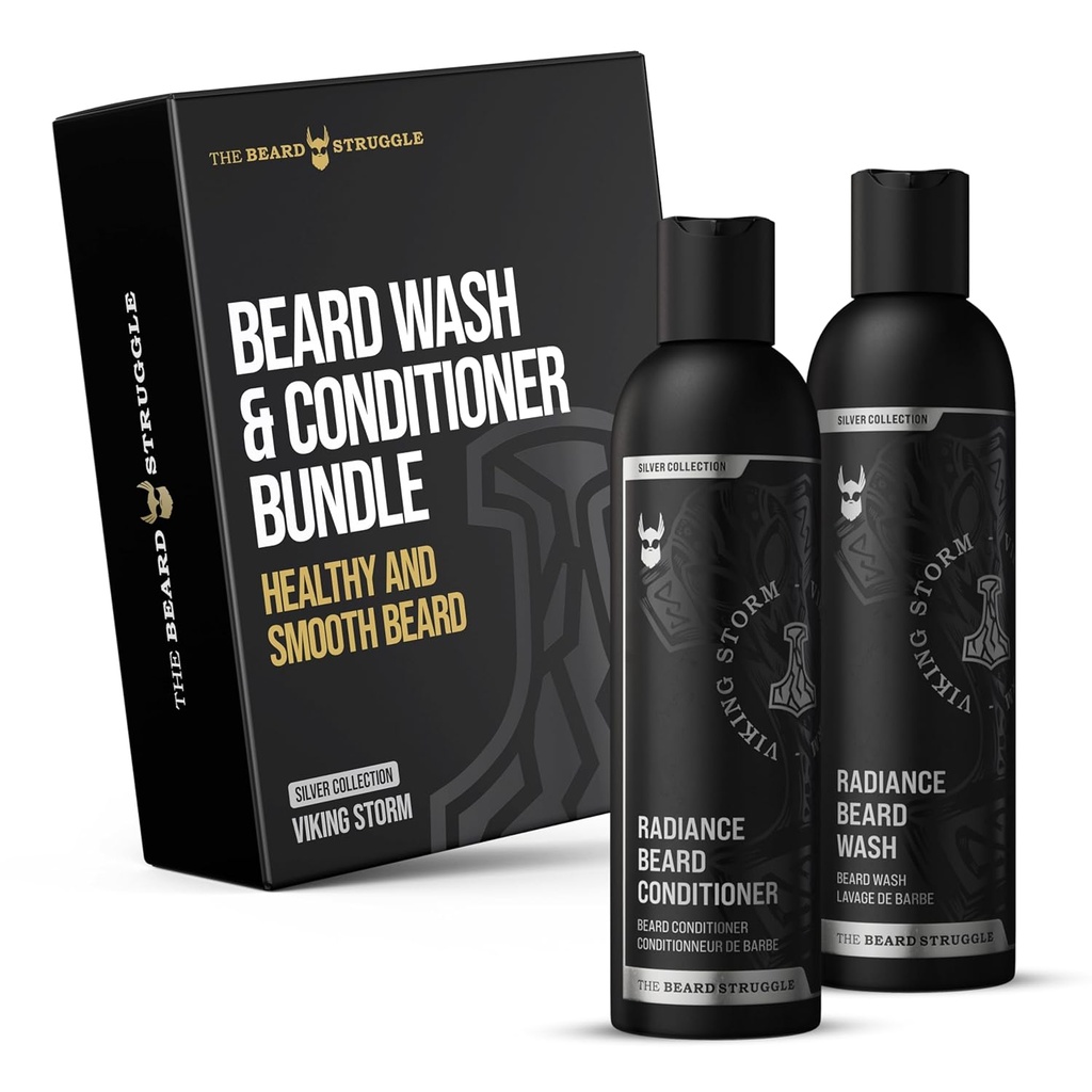 Walka z brodami - Promieniowanie Brody Wash & Conditioner Bundle - Srebrna kolekcja - Pack of 2, Wiking Storm - Nourish, Cleanse, Softens, & Wzmocnienie Brody - Broda Wash and Conditioner dla mężczyzn