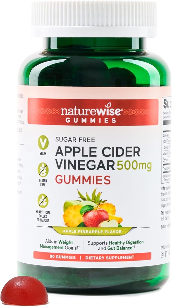 NatureWise Apple Cider Vinegar ACV Gummies - 1000mg ACV per 2, Sugar Free, Vegan - Energy & Gut Health - ACV Gummies W/Vitamin B12-90 Gummies[1.5-Month Supply for 1000mg / 3-Month Supply for 500mg]
