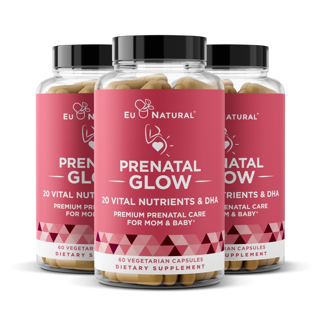 Glow Prenatal Witaminy dla kobiet 3- Pack Bundle - 20- in-1 Żywność witalna dla zdrowej ciąży i rozwoju płodu - Kwas foliowy & Wegan DHA Dla wzrostu dziecka & A Komfortowa ciąża - 180 Kapsułki
