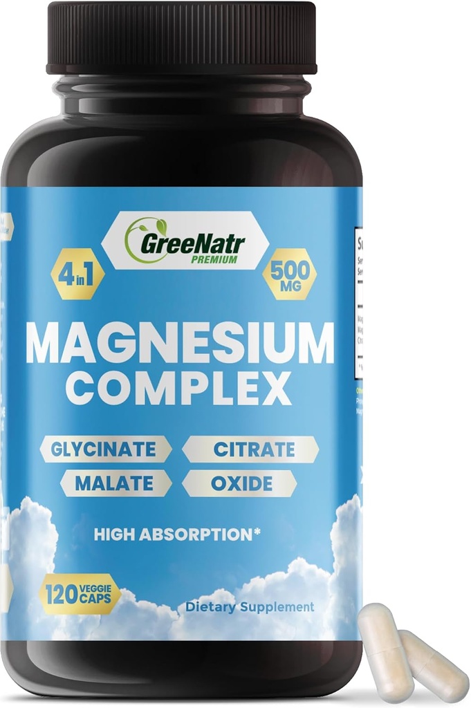 GreeNatr Magnezu Complex Supplement - Suplementy magnezu z Glycinate, Cytrate, Malate & Oxide - Magnezu tabletki do trawienia, Sleep, Heart Health, & Energy - Magnezu witaminy 120 Liczby
