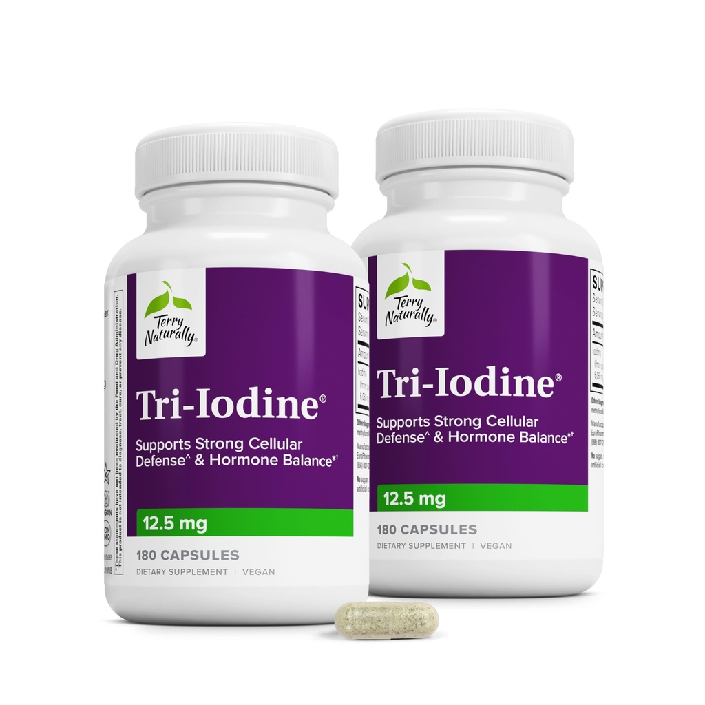 Terry Natural Trijod - Aid Thyroid Health with Potasu Iodide & Sodu Iodide - Aids Hormone Balance with Molecular Iodine from Kelp - Brain & Energy Support - 12,5 mg, 180 kapsułki (opakowanie po 2)