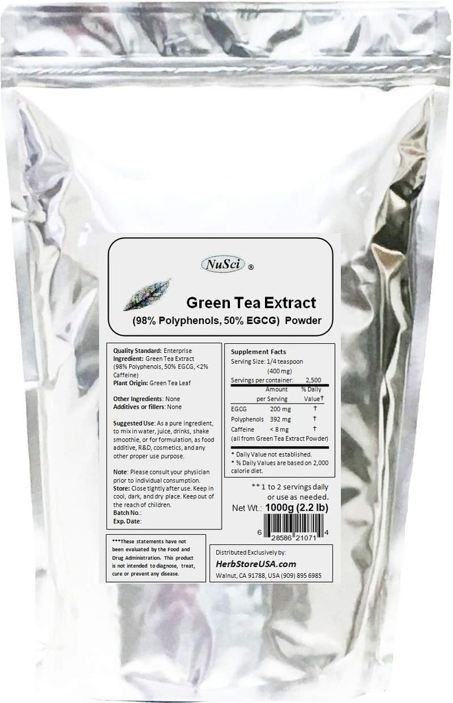 Ekstrakt zielona herbata luzem proszek Standaryzowany 98% Polifenole i 50% EGCG GMO wolne od nienapromieniowanych (1000 gram (2,2 lb))