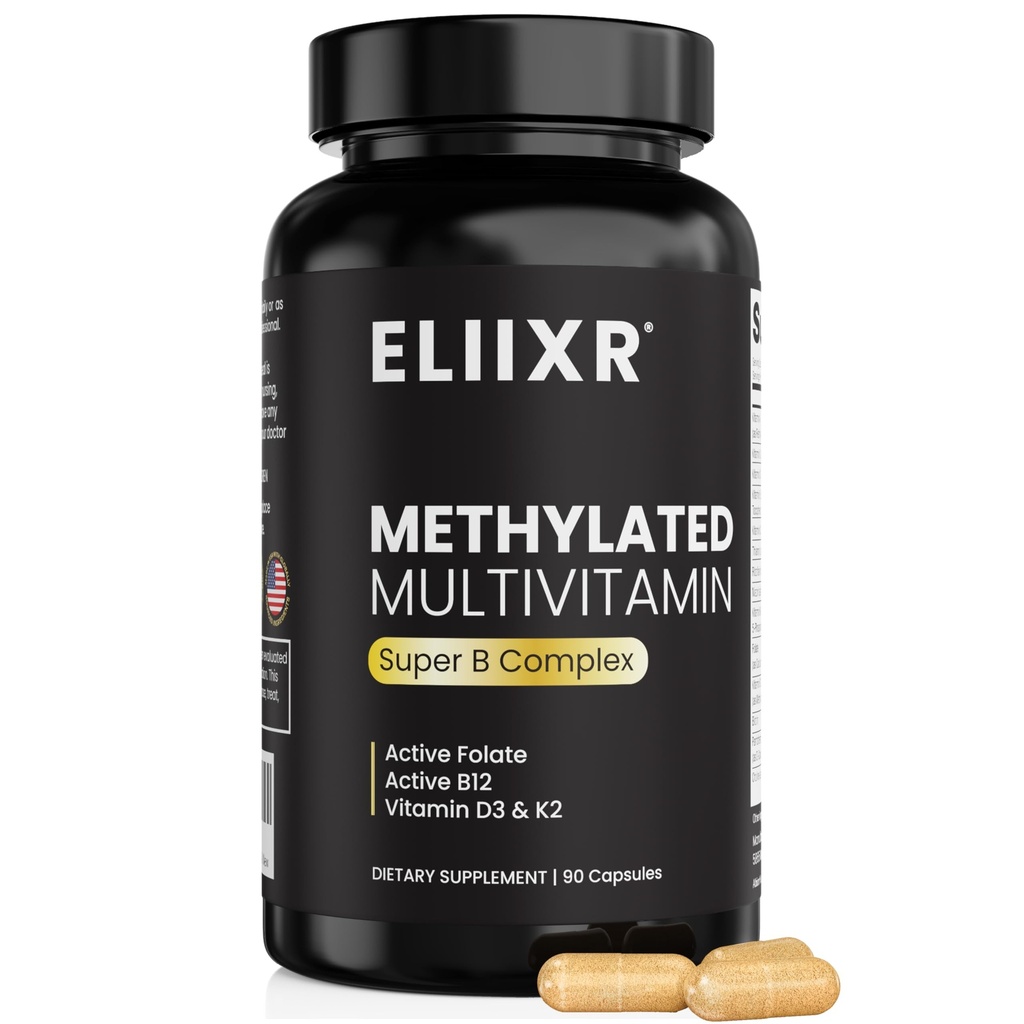 Eliixr Methylled Multivitamin Supplement dla mężczyzn i kobiet, z 1500µg aktywnego folianu i 500µg aktywnego B12 w każdej kapsułce. 60 Kapsułki, 60- Day Supply, Żelazo wolne, Made in USA