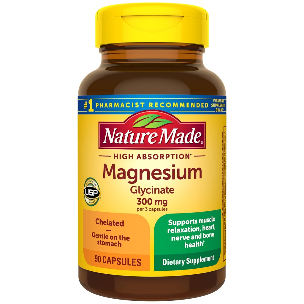 Nature Made High Absorption Magnezu Glicynian 300mg na 3 Kapsułki, Suplement magnezu do mięśni, Serca, Nerwy i kości Wsparcie, 90 Kapsułki Bisglicynian magnezu, 30 Day Supply