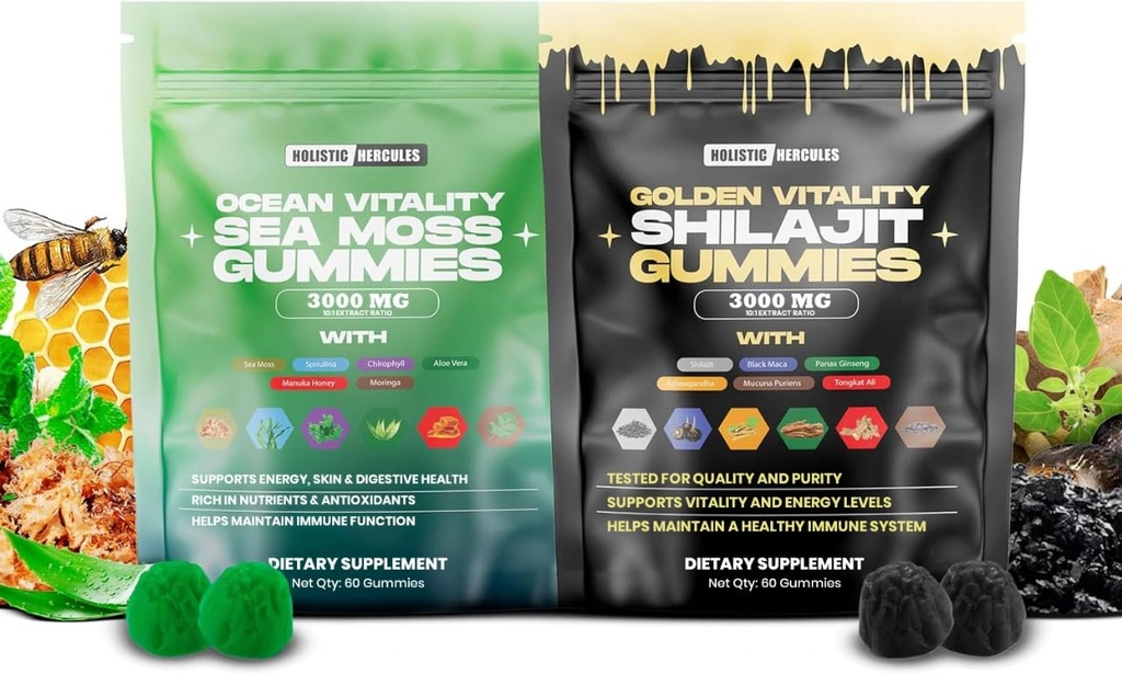 Holistic Hercules Sea Moss & Pure Himalayan Shilajit Gummies Gold Wegan 124; 100% Naturalny Wegan Organiczny 124; No Added Sugar British 124; Ashwagandha Tongkat Ali Ginseng Spirulina Moringa Manuka Miód 124; 60 Gummies 2 Pack