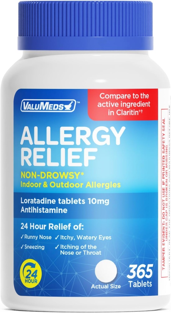 ValuMeds Lorrigen 10mg Non- Drowsy 24- Godzinowa ulga alergiczna Kryty & Outdoor Relief 124; All- Day Antihistamine Alergy / Sinus Pills for Runny Nose, Kichanie, Swędzenie, Wodne Oczy 124; Porównaj z Claritin Alergy 124; 365 Tabletki