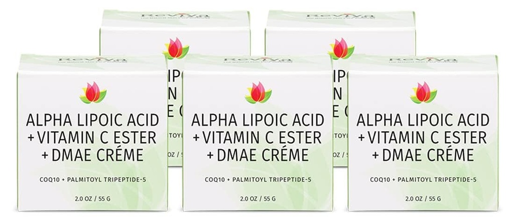 Reviva Labs DMAE krem z kwasem lipicznym alfa, witamina C Ester - DMAE krem do podnoszenia i jędrne dla szyi i twarzy - Skóra Firming i krem nawilżający, 5- Pack (2 oz każdy)