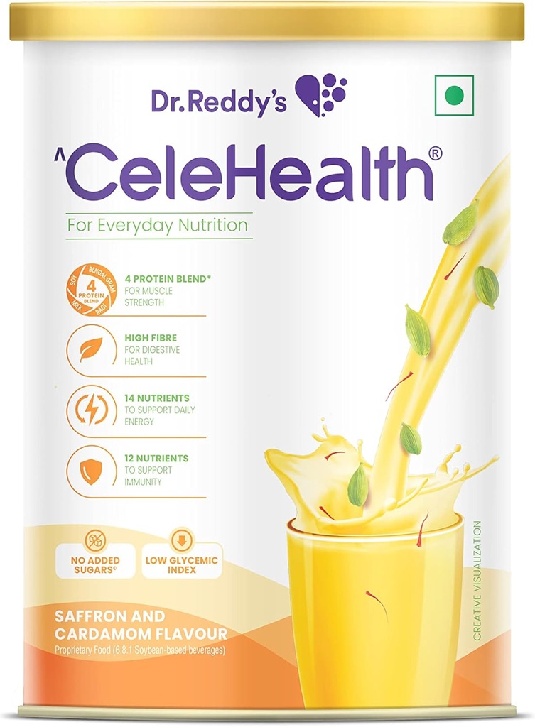 Dr Reddy 's Celehealth Drink odżywczy, suplement protein do codziennego użytku, niski indeks glikemiczny, bez dodatku cukru, szafran i aromat kardamon, 400g, żółty