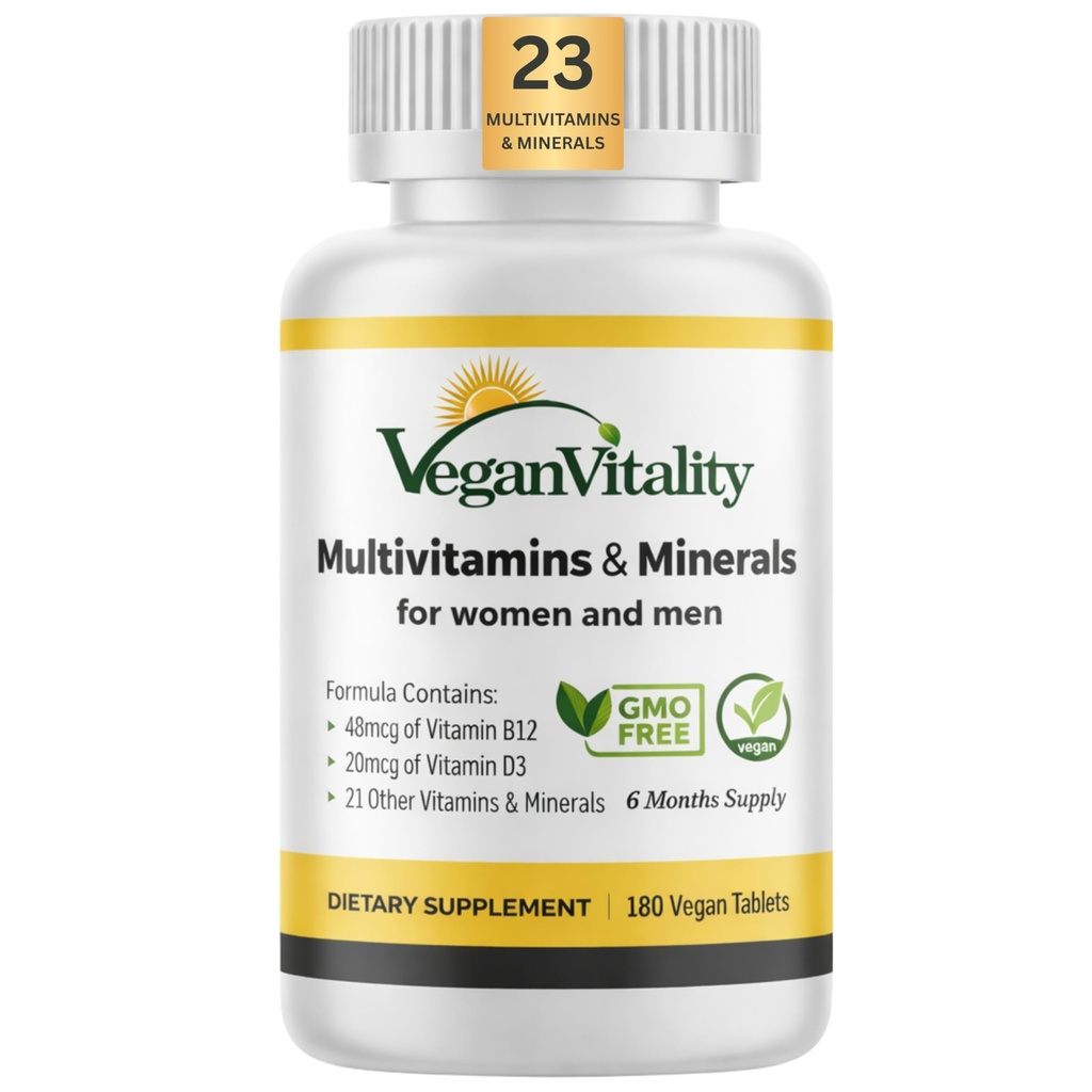 Witalność wegańska Multivitamin & Minerals dla kobiet i mężczyzn o wysokiej mocy Witamina B12, D3 & K2. 180 Vegan Multivitamin Tablets - 6 Miesiące dostaw. Witaminy dla weganów i wegetarian