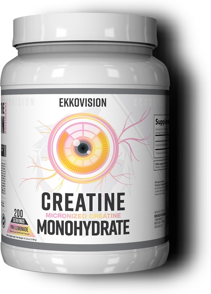 Ekkovision Creatine Monohydrate Powder, Micronized, Pink Lemonade, Pre Workout & Post Workout Supplement for Men and Women, Energy Support, Easy to Mix in Shakes, Smoothies & Beverages, 200 Servings