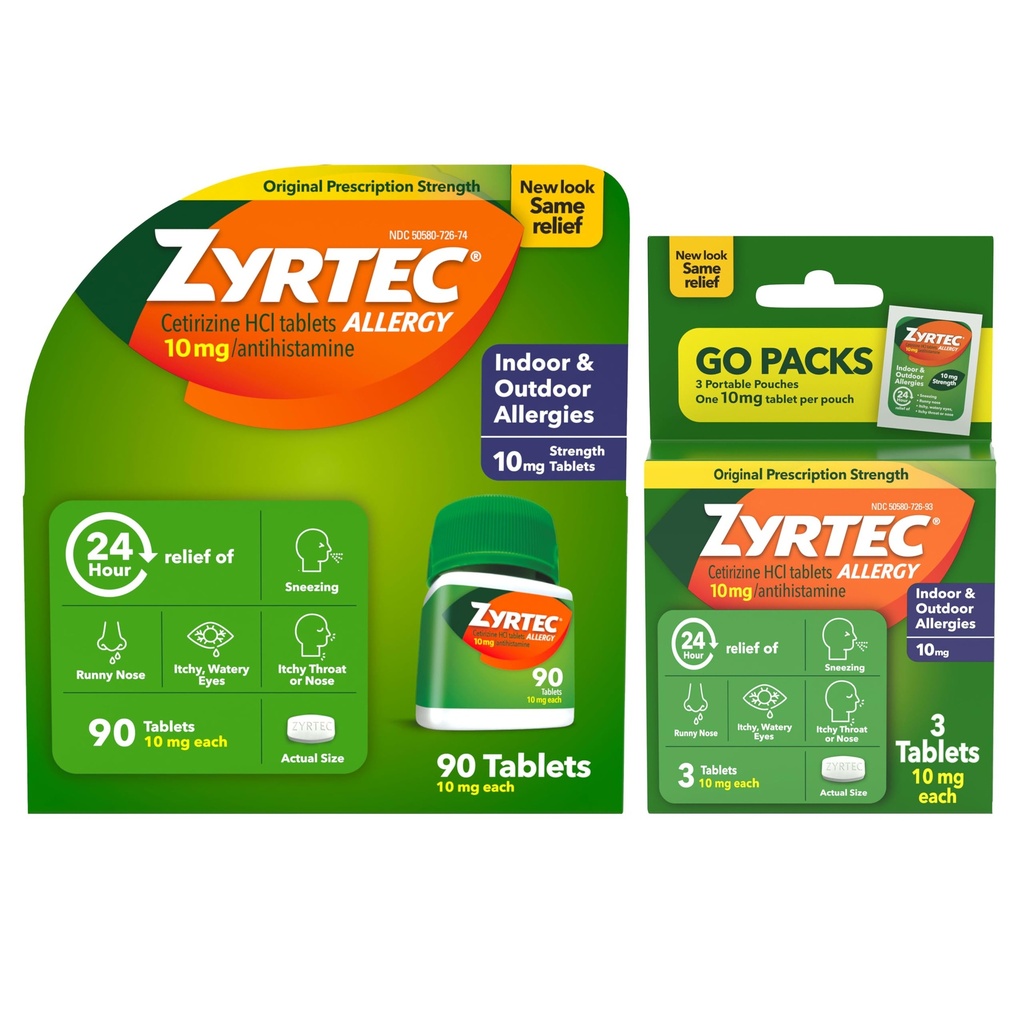Zyrtec 24 Hour Allergy Relief Tablets, Indoor & Outdoor Alergy Medicine z 10 mg Cetirizine Hydrochloride Antihistamine, Value Bundle of one, 90 ct Bottle & Three, 1 ct Travel Packs