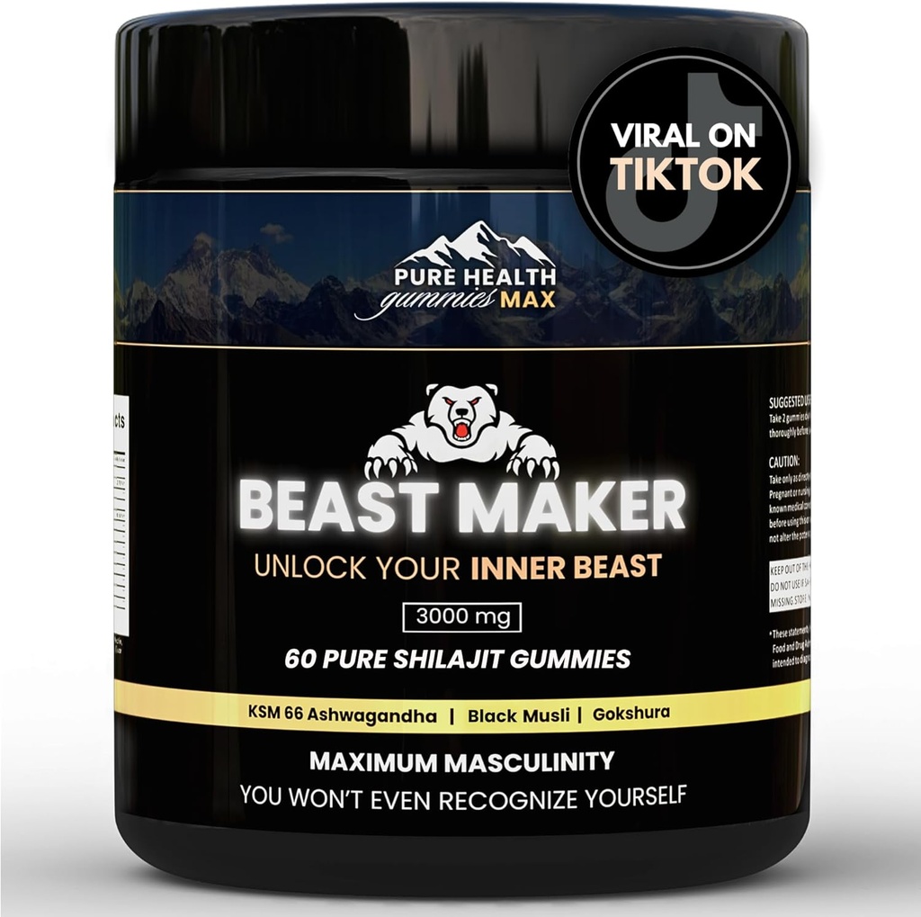 Beast Maker - Pure Shilajit Gummies dla mężczyzn 124; Natural Himilayan Organic Shilajit Autentyczny suplement wzbogacania mężczyzn z Ashwagandha, Black Musli, Gokshura 124; 60 Gummies