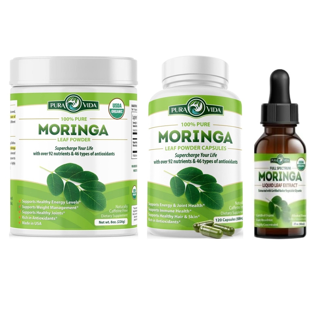 PURA VIDA MORINGA proszek 8 oz kapsułki (120 Hrabia) i Moringa Leaf ekstrakt krople (2fl oz)