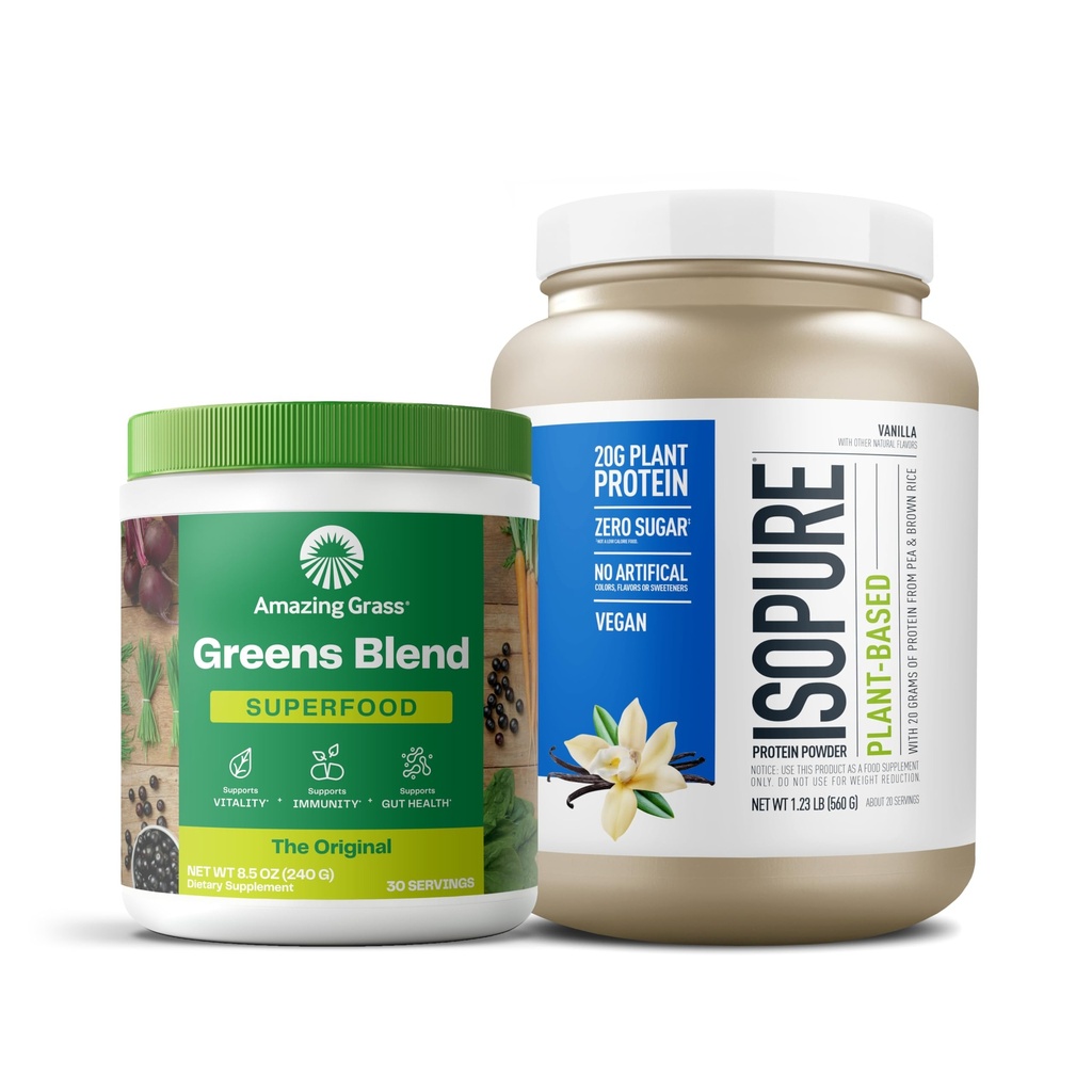 Paleta niesamowitych zieleni trawy Superfood Proszek: Oryginalny, 30 Słupki + Izopura Vanilla Vegan Protein Powder, Roślina oparta, Organic Pea Protein, Wolny od mleka, 20 Słupki (Packaging May Vary)