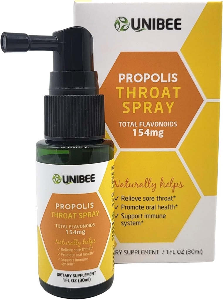 UNIBEE Propolis Throat Spray (Total Flavonoids 154mg) - Sore Throat Relief, Oral Health Promotion, Natural Immune Support, Alcohol-Free & Water-Soluble Propolis
