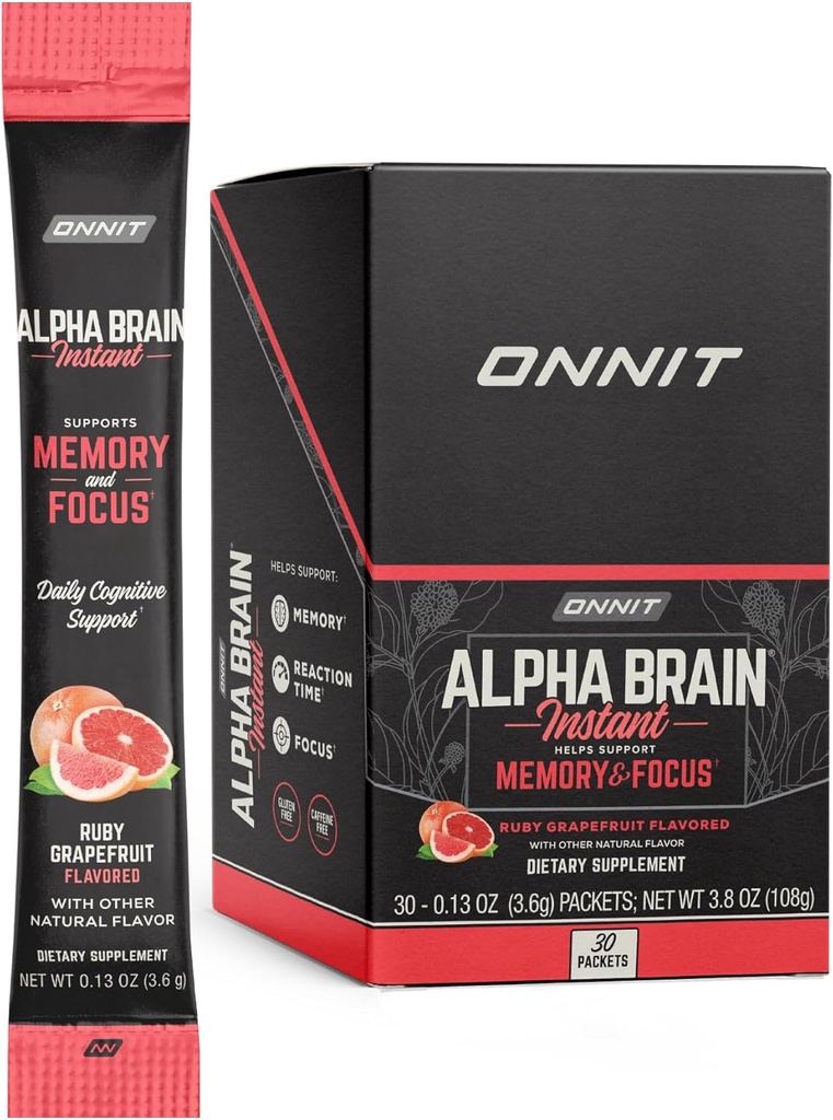 ONNIT Alpha Brain Instant - Ruby Grejpfrut Flavor - Nootropic Brain Booster Memory Supplement - Brain Support for Focus, Energy & Clarity - Alpha GPC Choline, Cats Claw, L- Theanine, Bacopa - 30ct