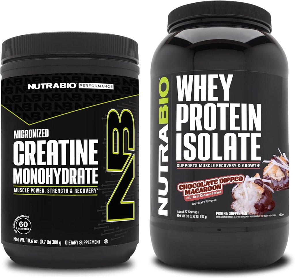 Monohydrat NutraBio Creatine, izolat niearomatyczny, 300g i białko serwatki, makaron czekoladowy dipped, suplement Bundle - Energia mięśniowa, Lean Muscle Growth, Odzysk i Siła