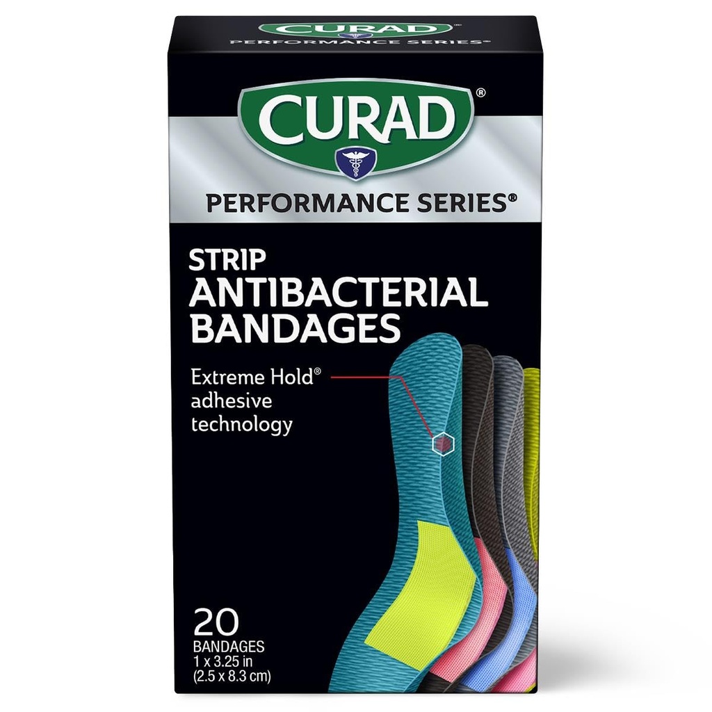 CURAD Performance Series Antybakteryjne IRONMAN Bandaże, Extreme Hold Adhesive Technology, Standard Size Elastyczne bandaże tkaniny do cięcia, Scrapes, & Burns, Różne kolory, 1 x 3,25 cali, 20 Liczba