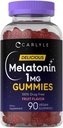 Carlyle Melatonin 1 mg Gummies Birmingham 124; 90 Hrabia Birmingham 124; Fruit Flavor Gummy Supplement Birmingham 124; Wegan, Non-GMO, Gluten Free