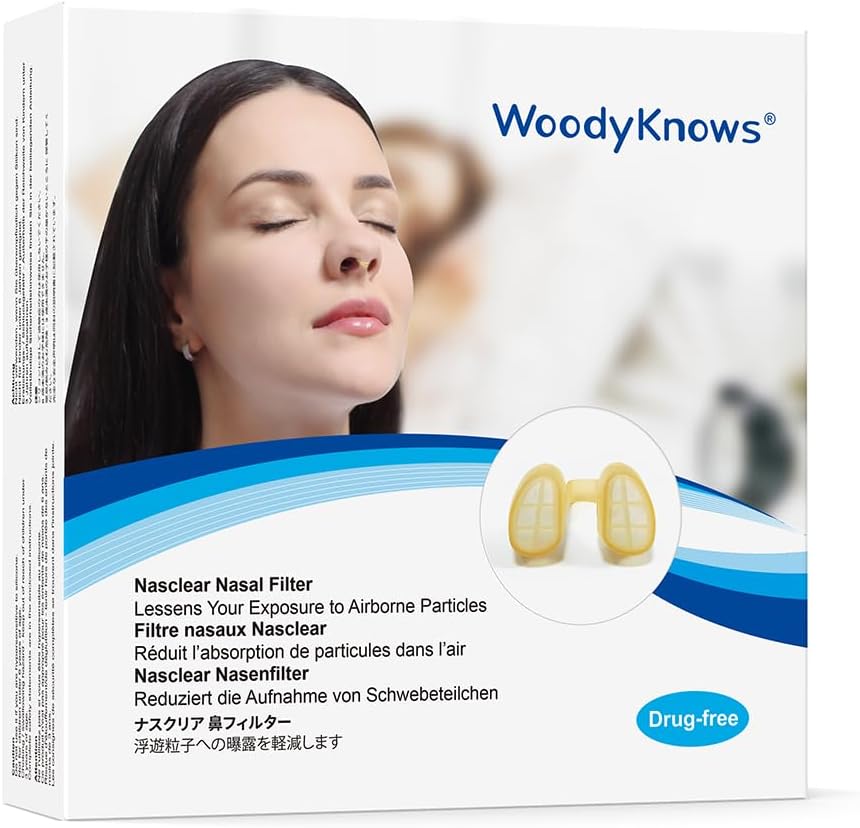 WoodyKnows Nasclear Nasal Filters, Model 2024, Alergie sezonowe i pomoc w zanieczyszczeniu przemysłowym, Transport publiczny i zwierząt domowych Grooming Protection (Próba S / M / L / XL)