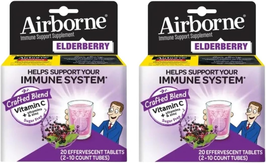 Ekstrakt Elderberry + witamina C 1000mg (na porcję) - lotne tabletki musujące (20ct), suplement immunologiczny bez glutenu, z witamin A C E, ZINC & Selenium, bez cukru (opakowanie 2)