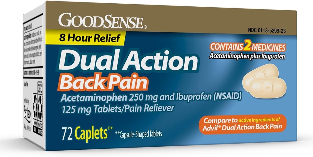 GoodSense Dual Action Acetaminofen i Ibuprofen (NLPZ) Tabletki, 250 mg / 125 mg, Ból pleców, 72 Liczba