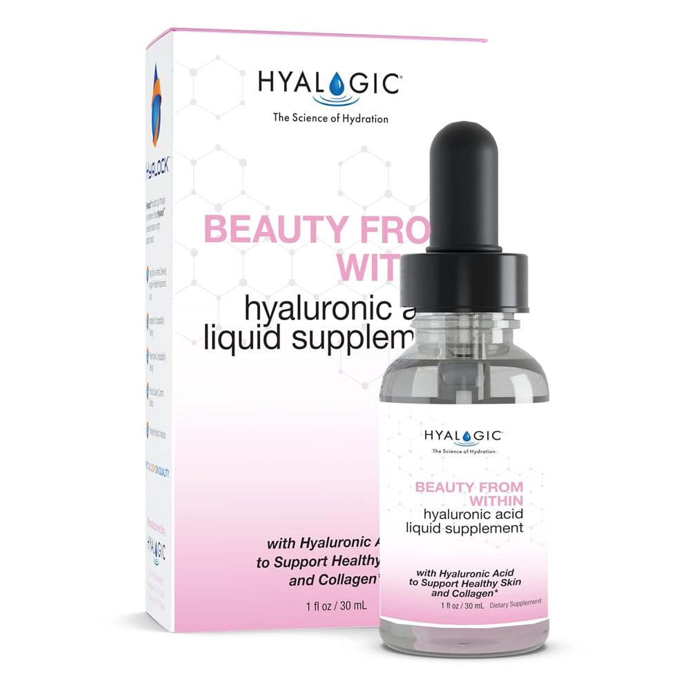 Hialogiczne piękno z wewnątrz Hyaluronic Acid Liquid Supplement - Płynny kwas hialuronowy do nawodnienia skóry, Joint Support, i Collagen Boost - Wegan, Gluten- Free, Odorless & Tasteless (1 Fl Oz)