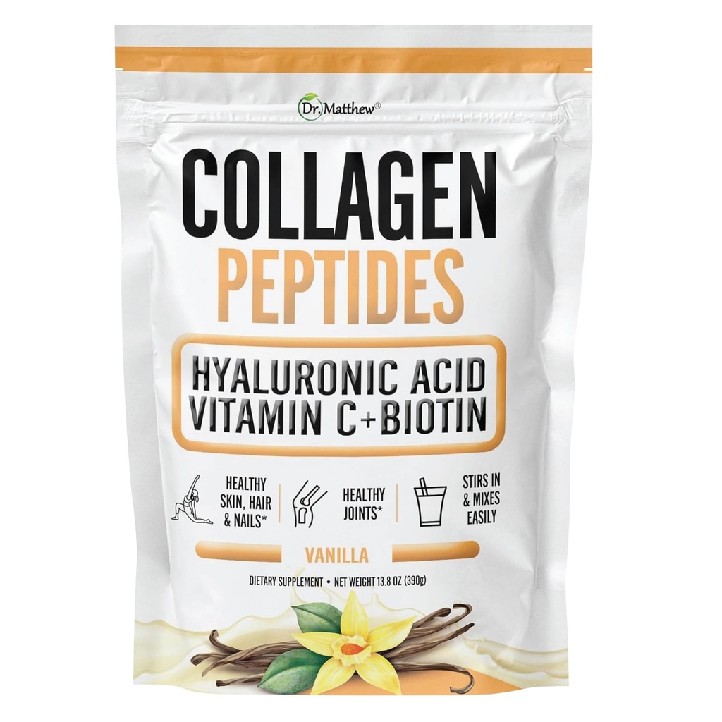 Dr. Matthew Vanilla Collagen Protein Powder with Hyaluronic Acid, Vitamin C and Biotin for Hair, Skin, Nails, Joint. Keto, Type 1 and 3.