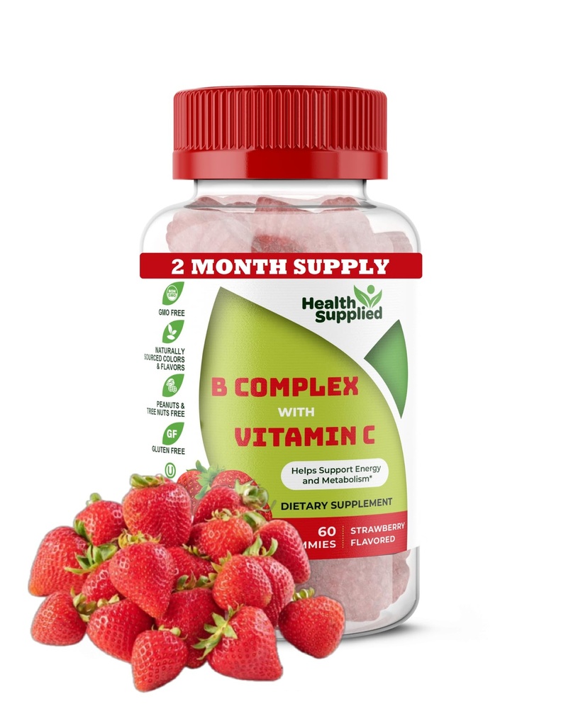 Strawberry Flavored witaminy B Complex Gummies - B Complex with Witamina C - Wspiera system nerwowy i zwiększa poziom energii - Asysty z funkcji kognitywnych - Great Tasting i łatwe do połykania