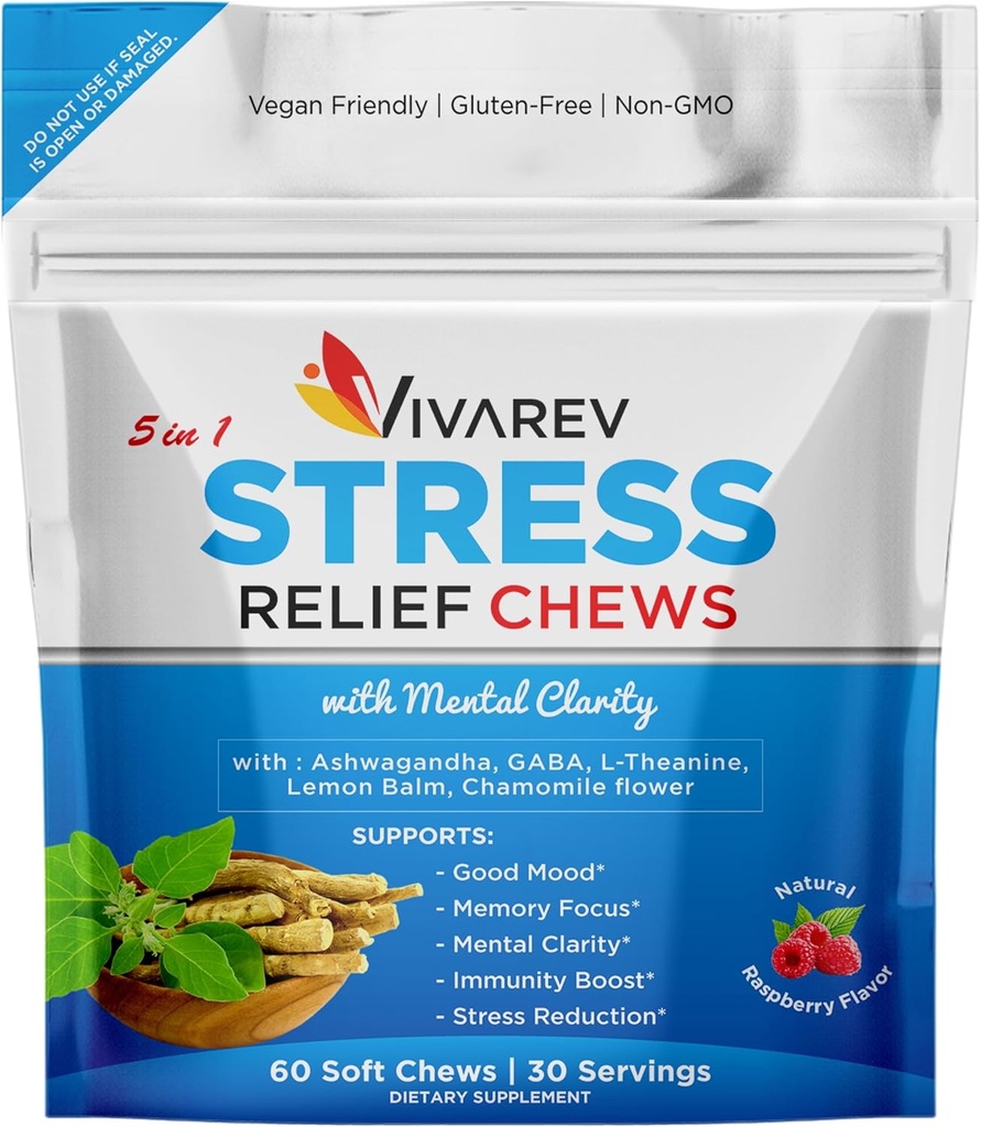 Stres Relief Ashwagandha Gummies - Skomponowane z Ashwagandha, GABA, L Theanine, balsam cytrynowy i kwiat rumianku jako suplement Stress Relief i Focus - Naturalny aromat malinowy, Opakowanie 60