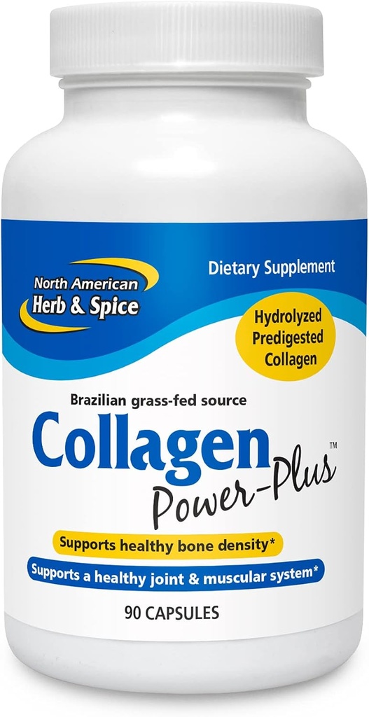 PÓŁNOCNY AMERYKAN HERB & SPICE Collagen Power- Plus - 90 Kapsułki - Suplement Kolagenowy - Joint & Wsparcie dla mięśni, Zdrowe włosy, Skóra i paznokcie - Bromelain, Papain, Witamina C - Non-GMO - 30 Służenie