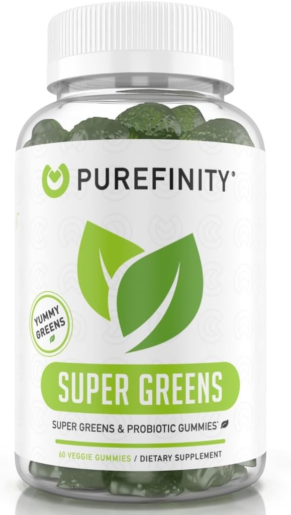 PUREFINITY Daily Super Zielone Gummies z Spirulina, Szpinak, Brokuły, Buraki, Acai i inne warzywa, All- in- One Veggie Supplement - Non-GMO, Gluten Free, Wegan, 60 Count