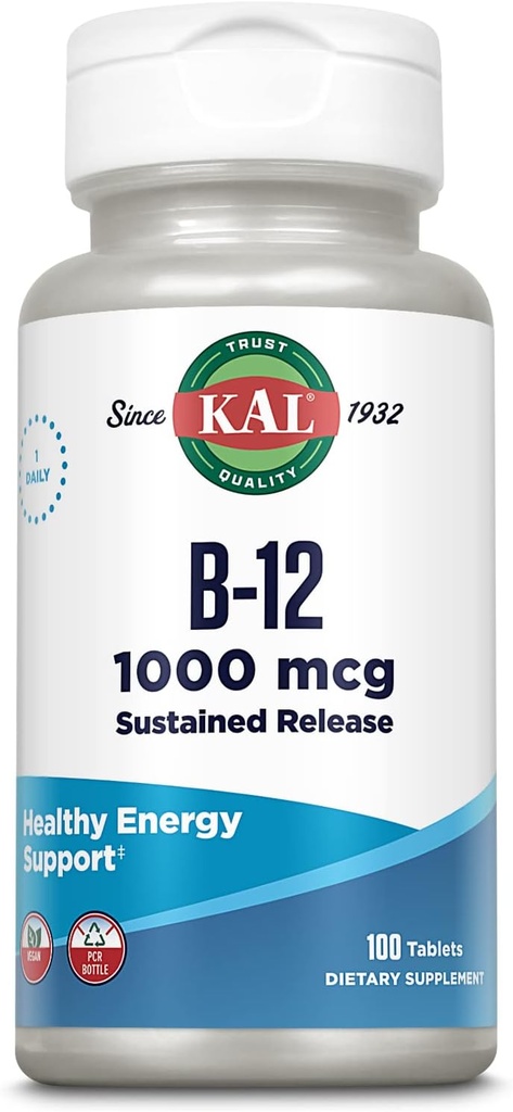 KAL Witamina B12 1000mcg, Trwały suplement do uwalniania dla zdrowej energii, Metabolizm, Zdrowie serca, Nerwy i Red Blood Support, Długotrwała receptura, Wegan, 100 Służenia, 100 Tabletki