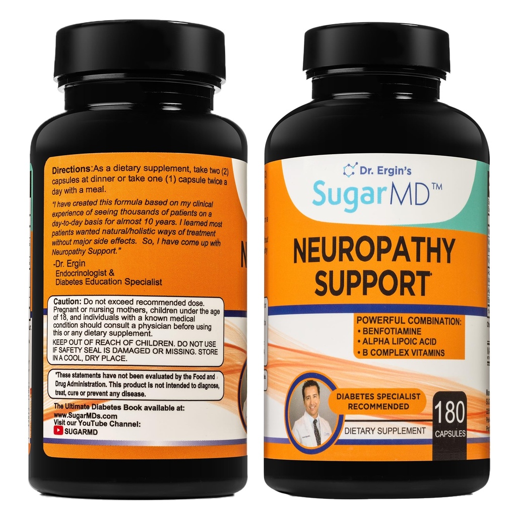 SugarMD Neuropatia Supplement Supplement - 180 Nerve Supplement Capsules with Alpha Lipoic Acid, Benfotiamine & witaminy D3 B6 B12 - Nerve Supplement for Feet Hands Fingers & Legs - 90 Day Supply