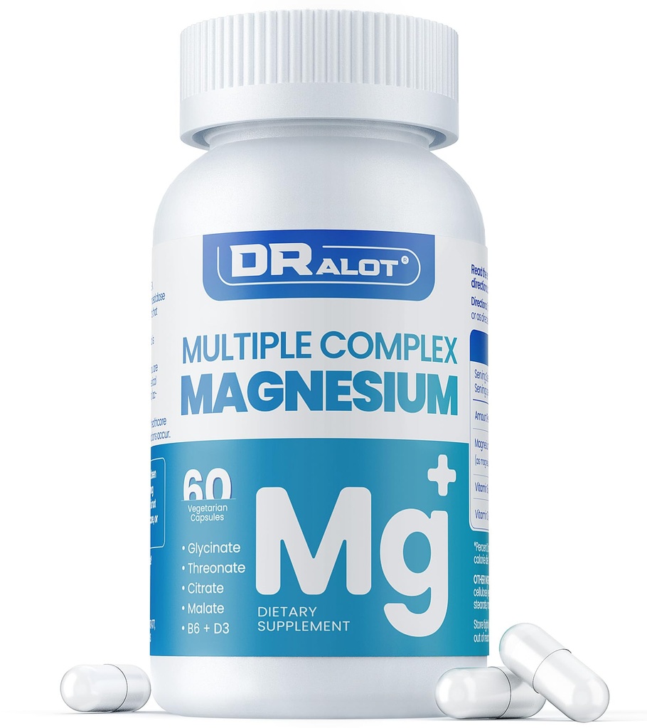 Czwartorzędowy suplement magnezu, 400 mg chelatu Glicynian magnezu, L- treonian, Cytrynian i jabłczan 124; Max Absorpcja Kompleks w / Witamina D3 & B6, dla Nerwy mięśniowe serca snu, Non- GMO, 60 Czapki wegańskie