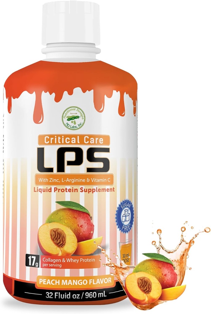 Nutritional Designs LPS Liquid Collagen & suplement białka serwatki, Sugar-Free, Napoje niezawierające GMO, Promotes Healthy Skin & Hair for Men & Women. (Opieka krytyczna) Peach Mango