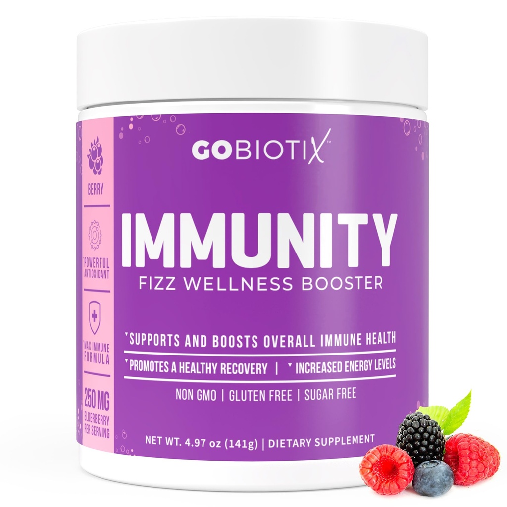 GOBIOTIX Witamina C - Suplement wsparcia immunologicznego - Immunitet Proszek Wellness Booster - Wegańskie Superfood - Elderberry, Turmeric, B12 Suplement witaminy, Non-GMO i Sugar Free (Berry)
