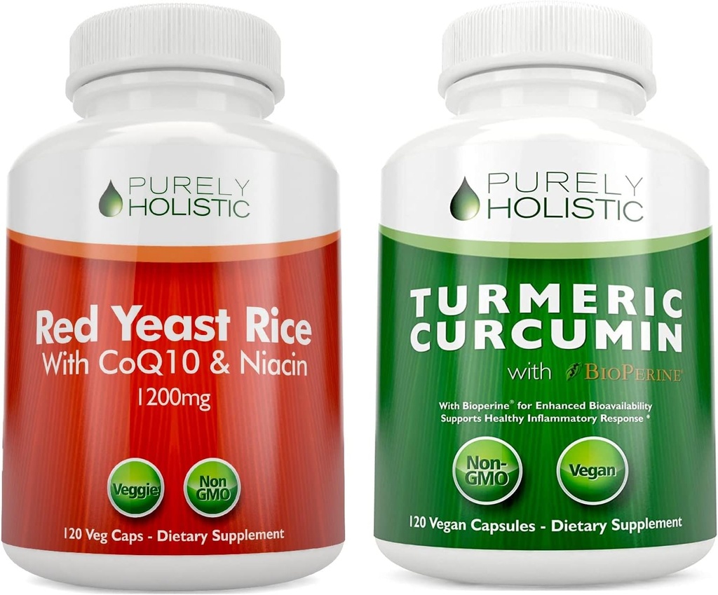 Czerwony Yeast Rice 1200mg & Niacyna + Organiczna kurkumina turmerowa 700mg & Bioperine Zapewnia 95% Kurkuminoidy - 240 Kapsułki wegetariańskie