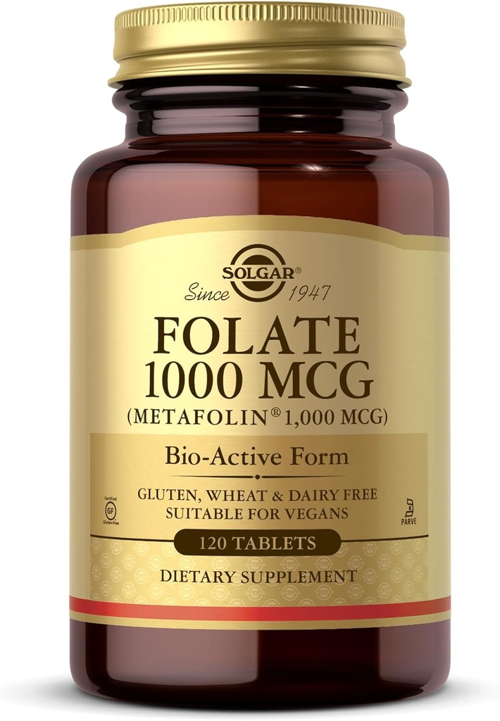Solgar Folate 1000 µg - 120 tabletek - 1000 µg Bio- Aktywne Metafoliny - Wegan, Gluten Free, Wolny od mleka, Kosher - 120 Służba