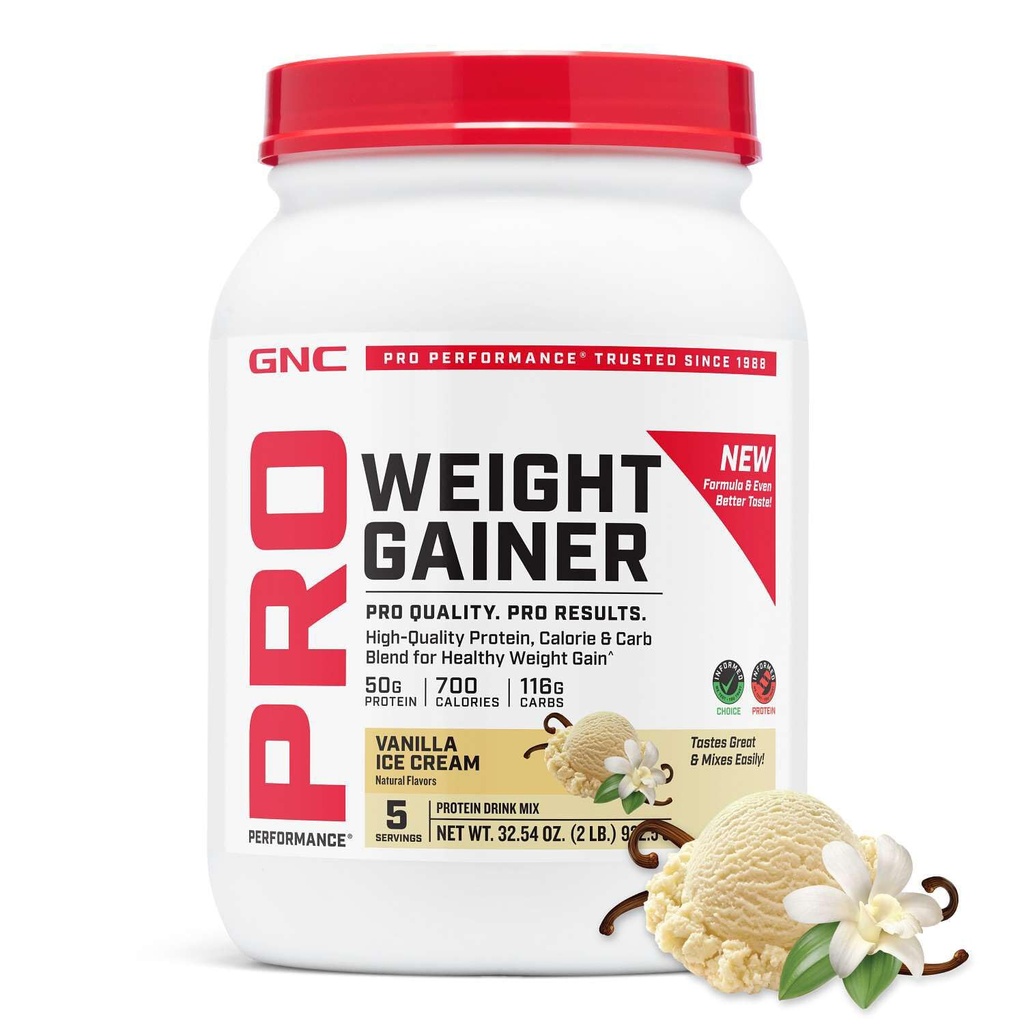 GNC Pro Performance Weight Gainer Protein Powder, 50g Protein, High Calorie, 700 Kalorii, Wspiera odzysk masy i mięśni, MCT, BCAA, 3. Tested Party, Vanilla Ice Cream, 6 Służenia, 2,5 kg