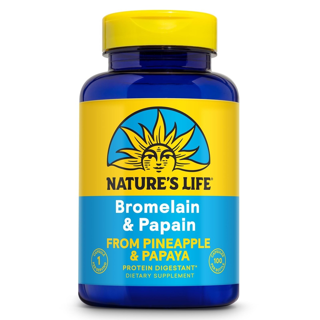 Bromelain & Papain & Nature 's Life 124; Enzymy proteolityczne na rzecz wsparcia i komfortu trawienia 124; z Ananas & Papaya 124; 250mg Ea 124; 100 Kapsułki wegetariańskie