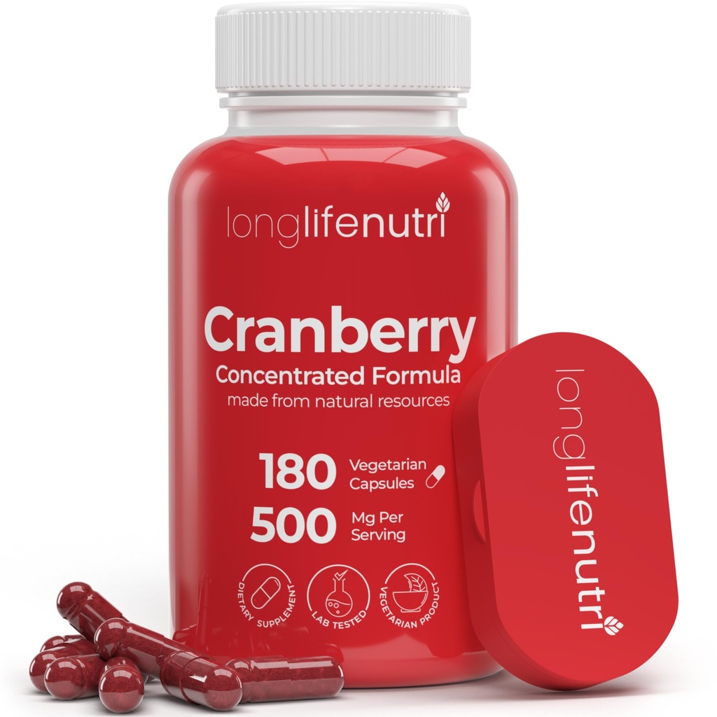 LongLifeNutri Cranberry Extract z witaminą C & E - Pure Concentrated Formula, 500mg na serwowanie, 180 Kapsułki wegetariańskie, Tract Health & Bladder, 6 Miesiąc dostaw, Made in USA