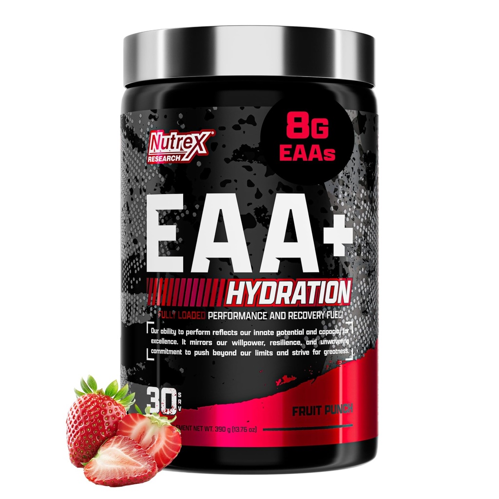 Nutrex Research EAA Hydration 124; EAA + BCAA Powder Wedding 124; Muscle Recovery, Strength, Muscle Building, Endurance Acids 124; 8G Esential Amino Acids + Electrolytes Acids 124; 30 Servings (Fruit Punch)