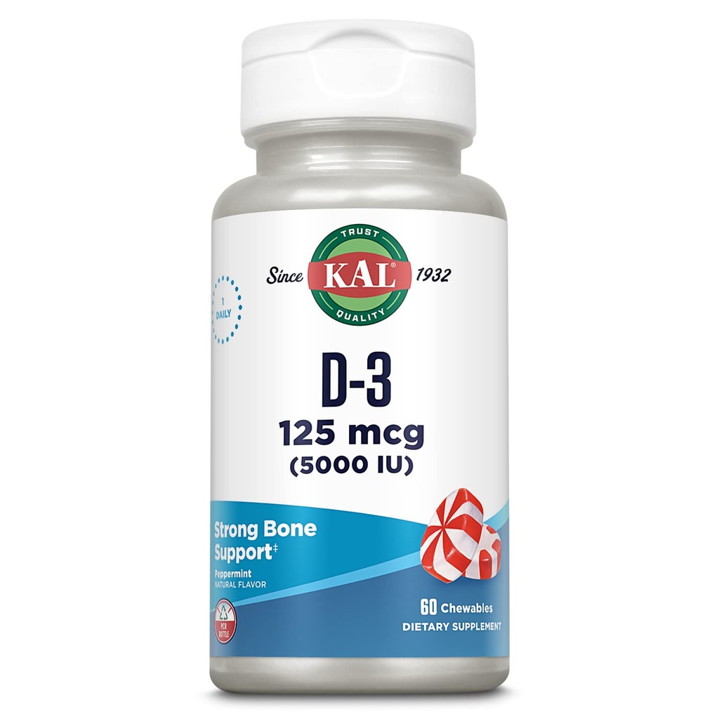 KAL Witamina D3 5000 j.m. 125 µg, Witamina D o dużej mocy Chewables, Wchłanianie wapnia, Zdrowie kości i suplement wsparcia immunologicznego, Natural Peppermint Flavor, 60- Day Guarantee, 60 Służenie, 60 Żugi