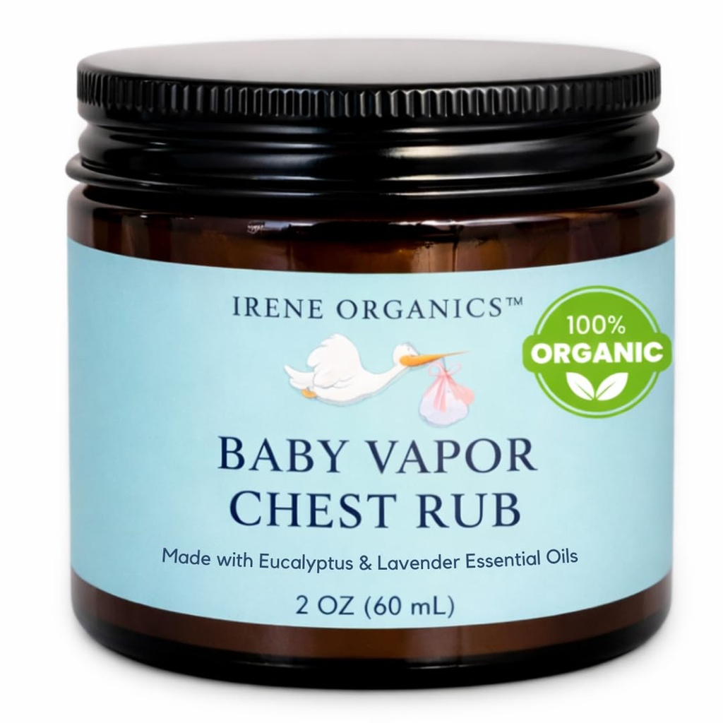 Irene Organics Organic Baby Vapor Chest Rub Clean Vapo Rub Made with Non Toxic Ingredients like Eucalyptus Essentials Oils, Safe for All Ages, Noworodki i Niemowlęta, Chore Dzieci Essentials