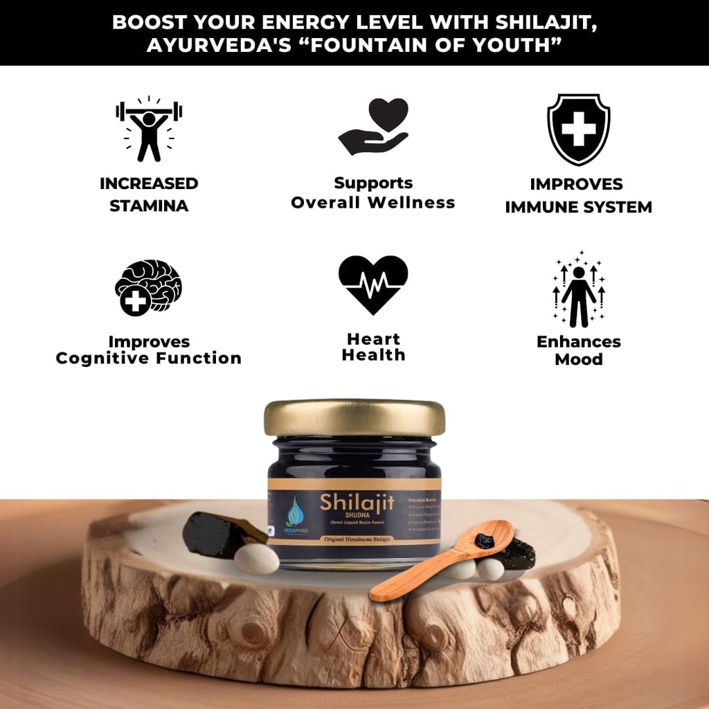 Vedapure Purest Himalayan Shilajit Resin 100% Czysty Shilajit z kwasem Fulvic & 85 + Ślad Minerałów Kompleks dla energii i wsparcia immunologicznego, 15 Grams