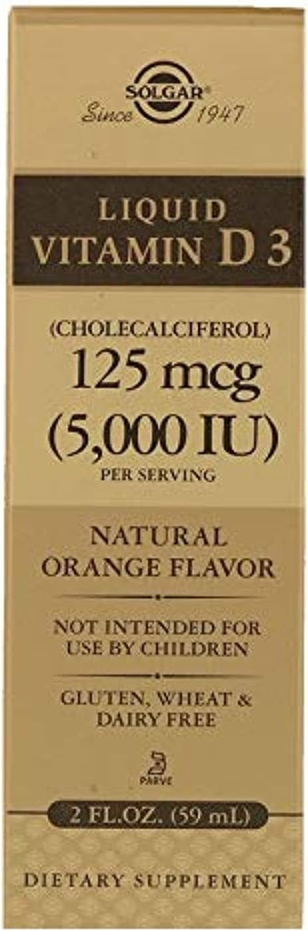 Solgar Liquid Witamina D3 125 μg (5000 j.m.) - 2 fl oz - Pyszne, Naturalny aromat pomarańczowy - Pomaga utrzymać zdrowe kości i zęby - Wsparcie układu immunologicznego - Gluten Free, Dairy Free, Kosher - 59 Sługi